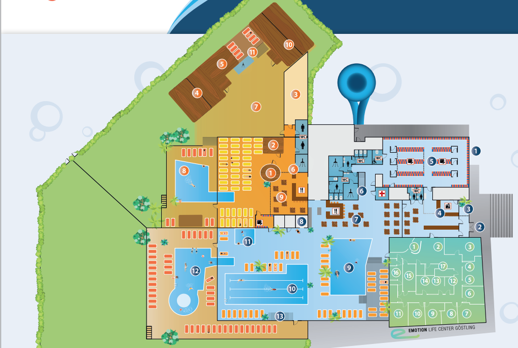 Floor plan of the Ybbstal Salt Baths, featuring various areas such as pools, saunas, and relaxation areas.